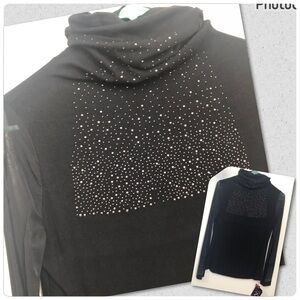 ZYCZ Womens Large Black Turtleneck Top Long Sleeve Bling Mixed Media Mesh NWT